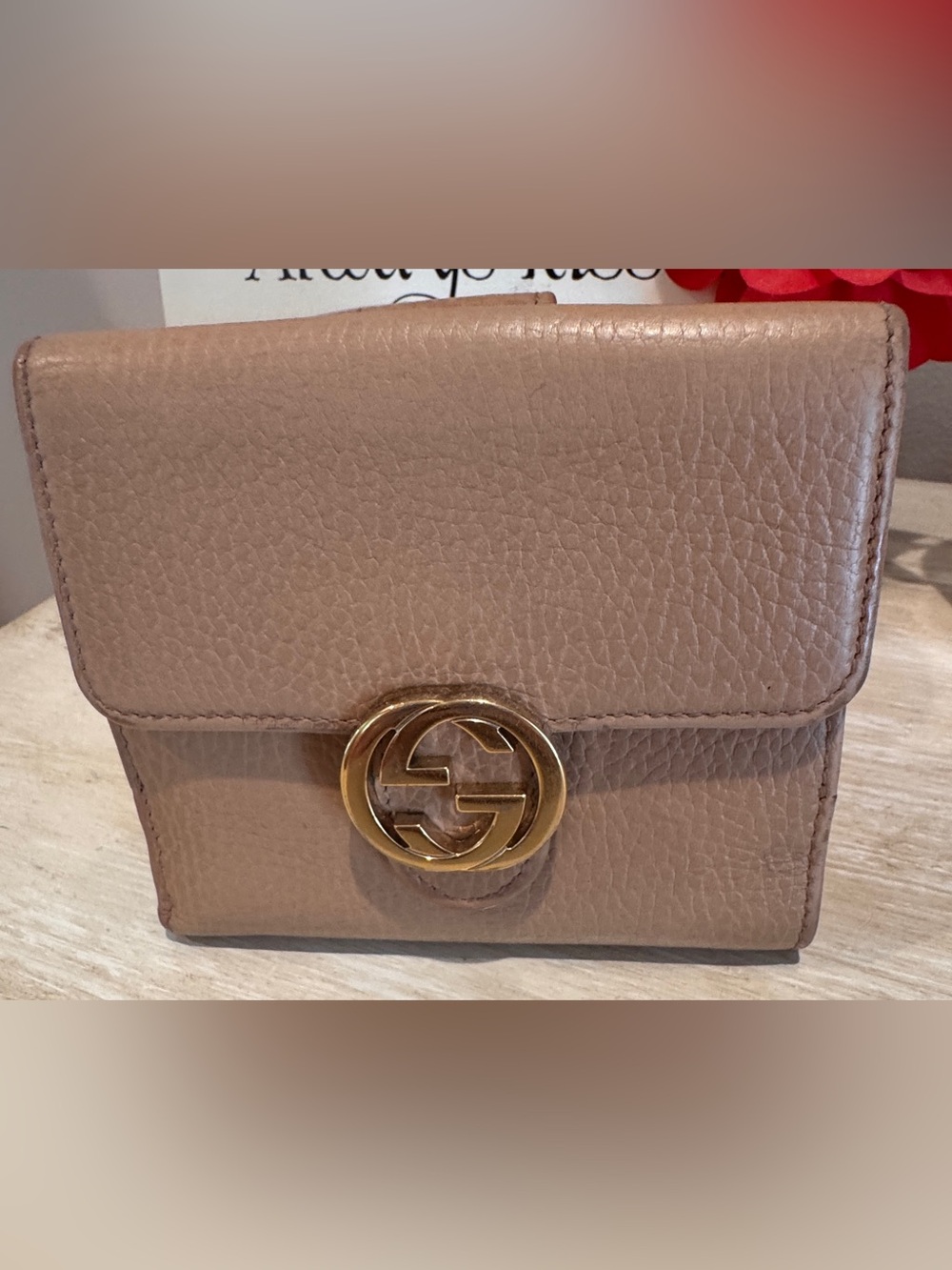 Gucci Taupe Leather Compact Wallet with Double G Logo
